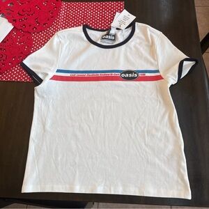 Oasis White Tee with Blue and Red Stripes